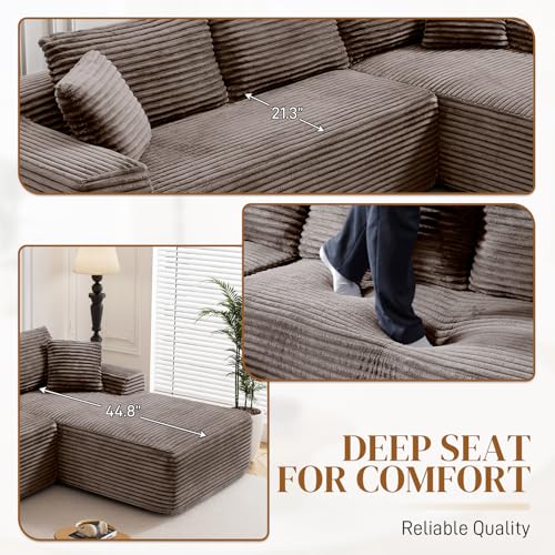 Image of 95 inch L Shaped Boneless Sectional Couches, Wide Armrest, Deep Seat, Memory Foam, Assembly Free, Modern Comfy Corduroy Fluffy Cloud Sofa with Right Chaise for Living Room, Small Spaces, Brown