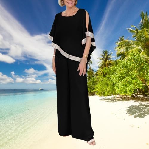 Women's Two Piece Outfits Crewneck Batwing Sleeve Wide Leg Chiffon Sequin Pant Suits Dressy Wedding Guest Pantsuits4