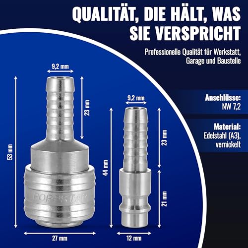 Poppstar Druckluftschlauch 10 m (Hybrid PVC mit Gewebe, Innendurchmesser 9,2mm mit Schnellkupplung & Kupplungsstecker) bis 20 bar, blau