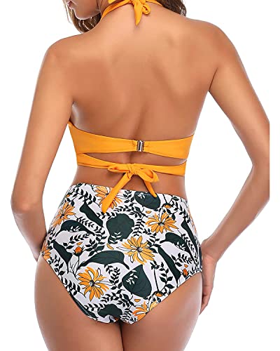 Tempt Me Women Vintage Swimsuits Yellow Retro Halter Ruched High Waist Bikini with Bottom M - Image 6