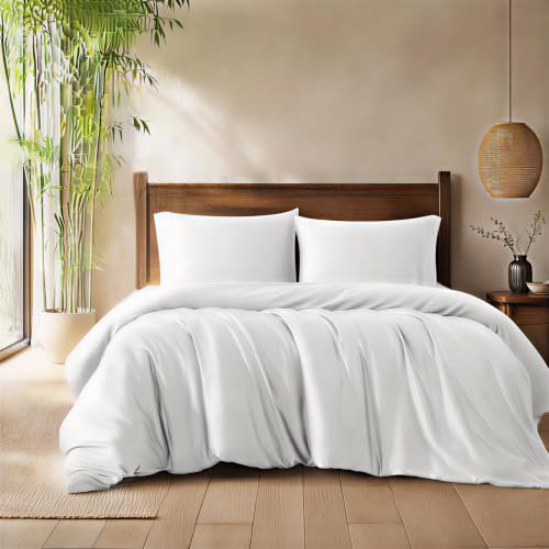 Vikase Queen Duvet Cover Set 3 Pieces 100% Organic Viscose derived from Bamboo Luxuriously Soft & Cooling 1 Duvet Cover and 2 Pillowcases 90 x 90(Queen White)