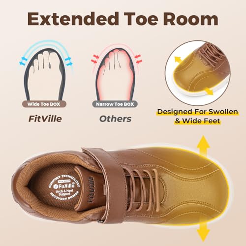 Image of FitVille Diabetic Shoes for Men Extra Wide Comfortable Leather Walking Shoes Hook & Loop Orthopedic Dress Sneakers for Swollen Feet