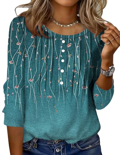 Zeagoo Women'S Tops Cotton Women Floral Print T-shirt Casual Crew Neck 3/4 Length Sleeve Top For Summer Women's Casual Clothing Fashion A-green