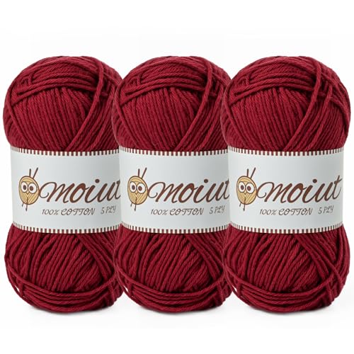 Image of 3 Pack Cotton Yarn for Crocheting, Baby Yarn for Crocheting Soft, 393yds / 5.29oz Fluffy Amigurumi Crochet Yarn, 5 Ply 100% Milk Cotton Yarn for Puzzle、Socks、Clothes(3 Burgundy)