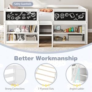 Giantex Low Loft Bed Twin Size, Wooden Loft Bed with Ladder & Blackboard, Twin Bed Frames for Kids with Storage 2 Bookcases and Under-Bed Play Space, Kids Twin Bed (White) Giantex Low Loft Bed Twin Size Wooden Loft Bed with Ladder Blackboard Twin Bed Frames for Kids with Storage 2 Bookcases and Under Bed Play Space Kids Twin Bed White