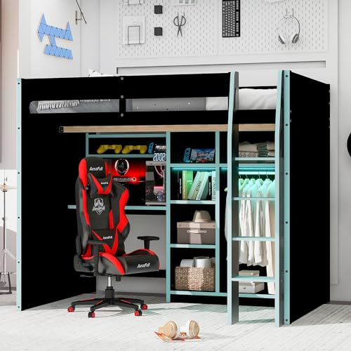 Image of Harper & Bright Designs Modern Full Size Gaming Wood Loft Bed with Desk and Open Wardrobe, Wood Loft Bed Frame with Storage Compartments and RGB Lights, for Kids Teens Adults Bedroom Use (Blue)