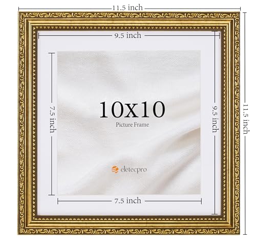 Image of eletecpro 10x10 Vintage Picture Frame, Glass Cover, Gold, 2-Pack | Display Photo 8x8 with Mat or 10x10 without, Tabletop or Wall Decor
