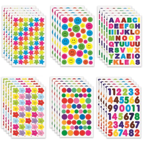 Jinpojun 30 Feuilles Gommettes Autocollantes Enfants, 1400+ Pièces Kids Stickers Forme de Coeurs Étoiles Pois Autocollants Colorés pour Scrapbooking...