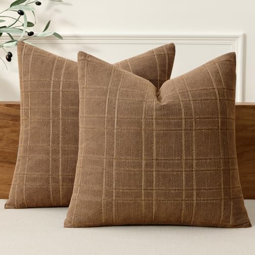 Image of MIULEE Decorative Linen Check Euro Shams Throw Pillow Covers Neutral Farmhouse Vintage Pillow Covers 24x24 Set of 2 Boho Modern Winter Home Decor for Sofa Couch Bedroom Cushion Camel Brown