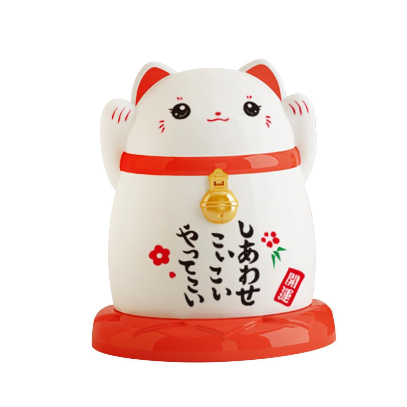 Creative Toothpick Storage Case with Lid Convenient Toothpick Dispenser Box Holder Beautiful China Lucky Cat Style Household Cotton Swab Storage Case Multipurpose, White, 6.6x7.7cm