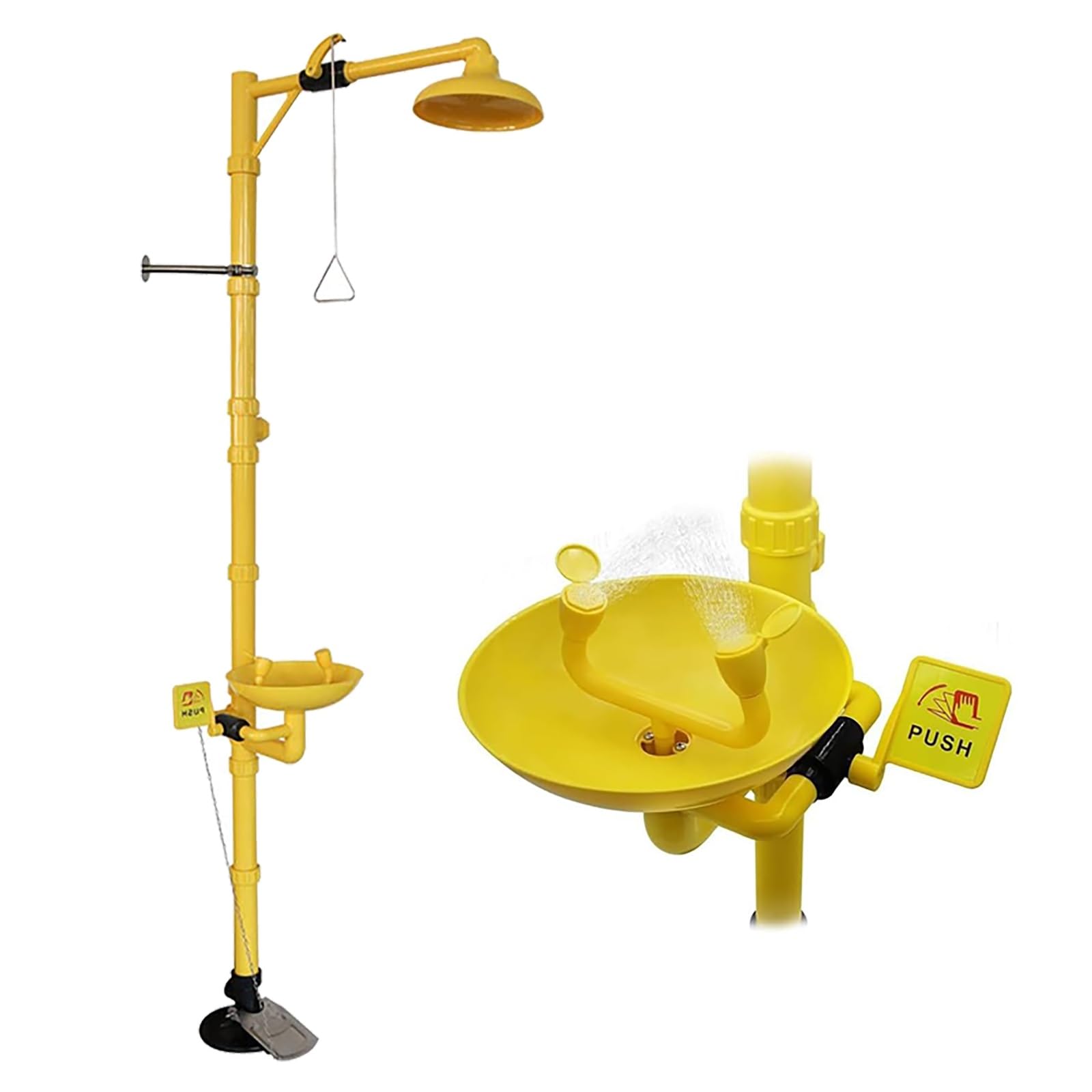 Estación lavaojos con ducha de emergencia, estación de ducha lavaojos combinada con ducha de seguridad y barra de tracción triangular, esquema lavaojos de acero inoxidable 304(With pedal)