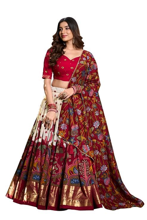 Image of Women's Maroon & Cream Lehenga Choli with Printed Dupatta, Dolla Silk Navratri Chaniya Choli for Garba, Wedding Party Wear Traditional Ethnic Lehenga Set