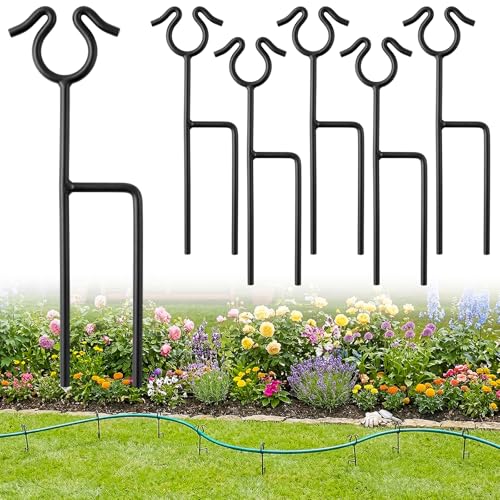 HolyMaji 6 Pack Garden Hose Guide Stakes 14 inch Metal Hose Guides for Garden Heavy Duty Rustproof Coated Spike Keeps Water Hose Out of Flower Beds Outside Lawn & Yard Plant Protection (Black)
