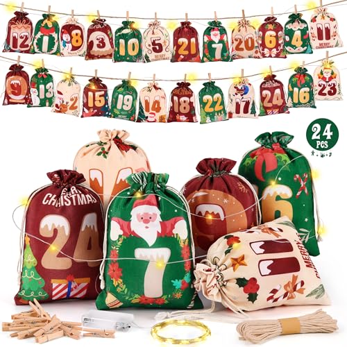 DazSpirit Calendario de Adviento para Rellenar 2025 con Luces LED, 24 Bolsas Grandes de Calendario de Adviento de Tela, Calendario de Adviento para Rellenar por Uno Mismo para Niños y Adultos