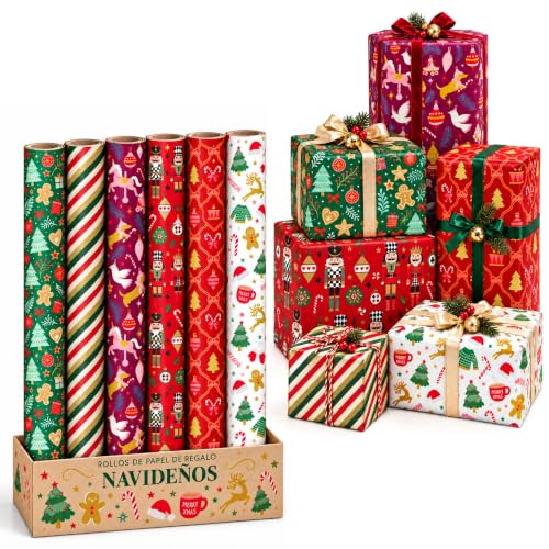 Rollo de papel para envolver regalos, Papel Regalo Cumpleaños, Papel Regalo Navidad, Papel navideño, Tamaño 70 cm x 10 Metros, Contiene 6 Rollos con diseños de Navidad
