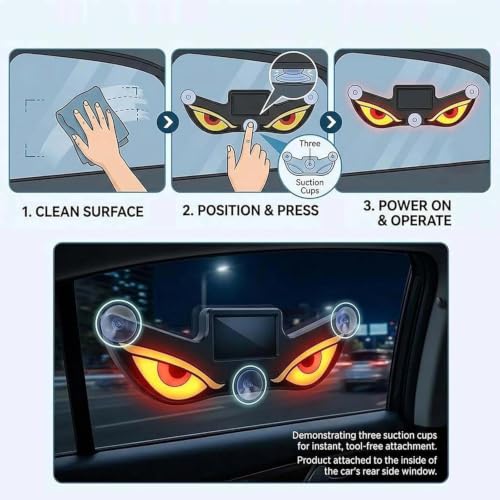 Image of Solar Powered Demon Eye LED Car Window Light, USB Rechargeable Wireless Windshield Decoration Lamp with Auto On /Off Sensor, Accessory for Cars, SUVs & Trucks, Red, Pack of 1
