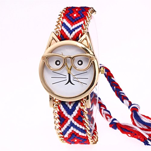 AQBD Fashion Women Lady Girls Cute Cat with Glasses Handmade Knitted Watch Wedding Party Gift wlp fB[X ̎q 킢 ዾ  L ҂ ꂽ 