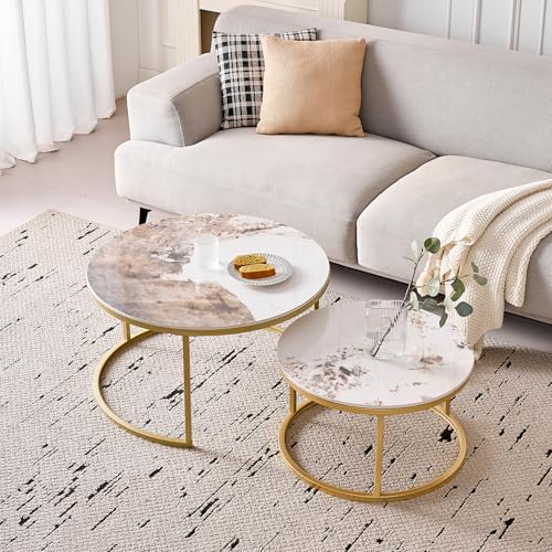 BenyLed Lot de 2 Tables Basses Gigognes avec Plateau en Céramique Pierre, Table Basse Ronde, Convient pour Salon, Chambre, Bureau et Balcon (Pandora/Or), 70 * 70 *...