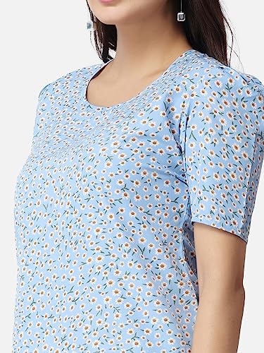 Image of POPWINGS Casual Printed Puff Sleeves Round Neck Top for Women || Stylish Summer Tops for Women || Hip-Length Women Top