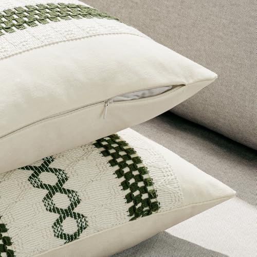 Image of MIULEE Set of 2 Moss Green Boho Decorative Pillow Covers 20x20 Inch | Farmhouse Couch Throw Pillows Modern Summer Cotton Cushion Covers Macrame Woven Spring Decor for Bed Sofa Chair