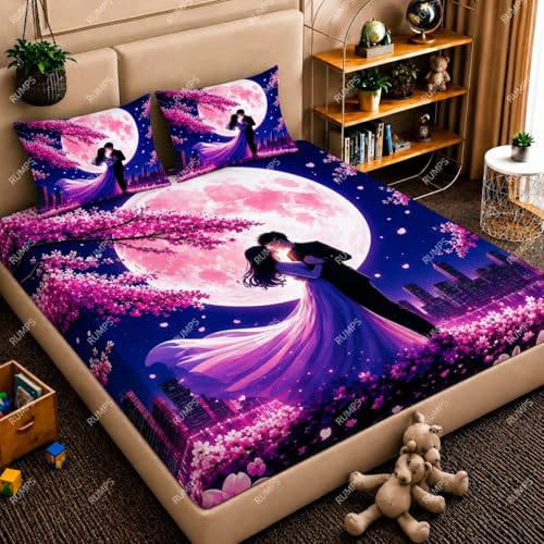Image of RUMPS 7D Romantic Moonlight Couple Printed Flat Bedsheet King Size 90x100 Inch with 2 Pillow Covers 16x26 Inch | Luxury Love Theme Microfiber Double Bedsheet