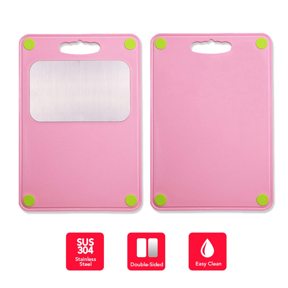 HYTX Double Sided Plastic Cutting Board with Stainless Steel Block - BPA Free, Non Slip Chopping Boards with Juice Groove and Easy-Grip Handle (Pink)