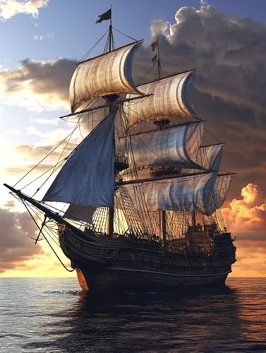 5D Diamond Painting Boat, Ocean Diamond Art Kits Adults, DIY Full Round Drill Gem Art Paintings, Crystal Rhinchestone Embroidery Cross Stitch Adult Crafts Kits for Room Decor, Gifts 32x40inch 9P-0