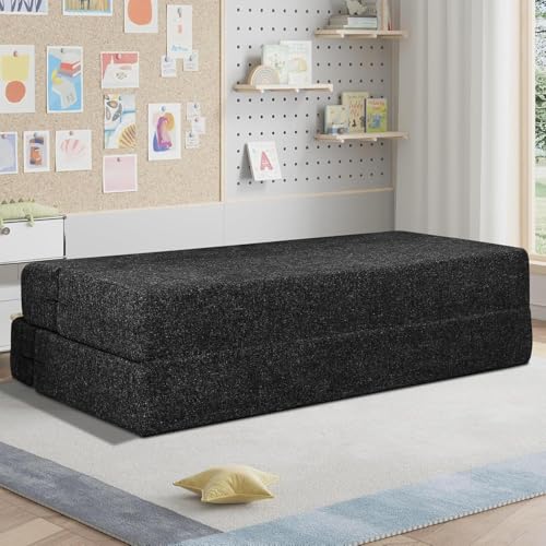 Image of Rosebell Two Seater Sofa Cum Bed | Jute Fabric Washable Cover | with Cushions Perfect for Guest | Black-Color | 4' X 6' Feet