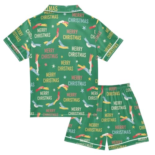 Satin Pajama Sets Short Sleeve Merry Christmas Pattern on Green Button Down Silky Nightwear 2 Piece PJS 5-14Y2
