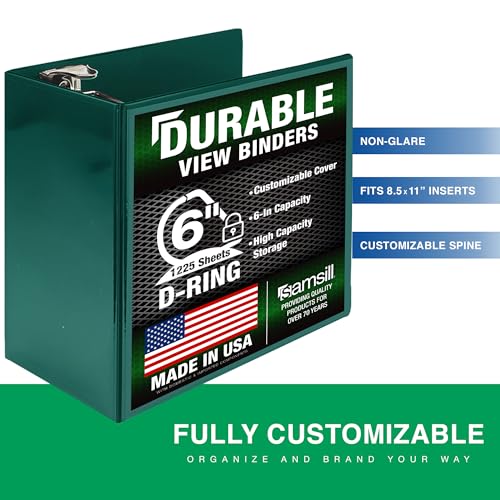 Image of Samsill Durable 6 Inch 3 Ring Binder, Locking D Ring Binder, Customizable Clear View Cover, Forest Green, Holds 1225 Pages