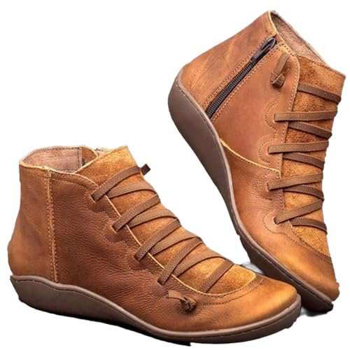 Ankle Boots for Women Comfortable Lightweight Round Toe Short Boot with Side Zipper Casual Lace Up Leather Flats Shoes Fashion Outdoor Hiking Walking Fall Winter Booties