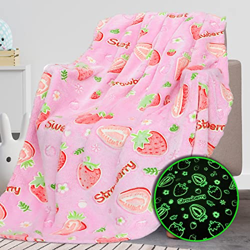 Image of REXEO Strawberry Blanket for Girls Kids, Strawberry Gifts for Teens 50 inchx60 inch | Toddler Blankets for Girls, Strawberry Decor Stuff for Bedroom, Glow in The Dark Blanket for Girls, Strawberry Themed Gifts