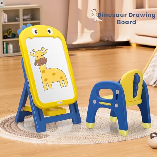 Image of Little Olive Kids Chair and Drawing Board with Easel Plastic Activity Table | Multi Functional Station for Toddler Learning and Art Play | DIY Yellow Set for Ages 3 to 7