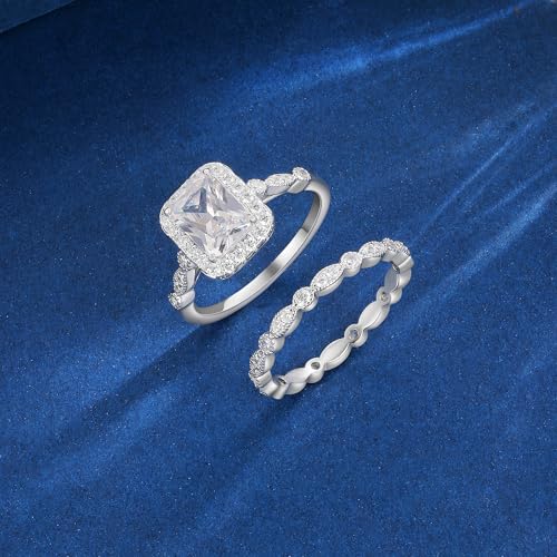 MDFUN Two-in-One Rectangle Cut Halo Engagement Rings Promise Ring Wedding Bands Set 18K White Gold Plated Rectangle Cubic Zirconia Eternity Band for Women Size 5-104