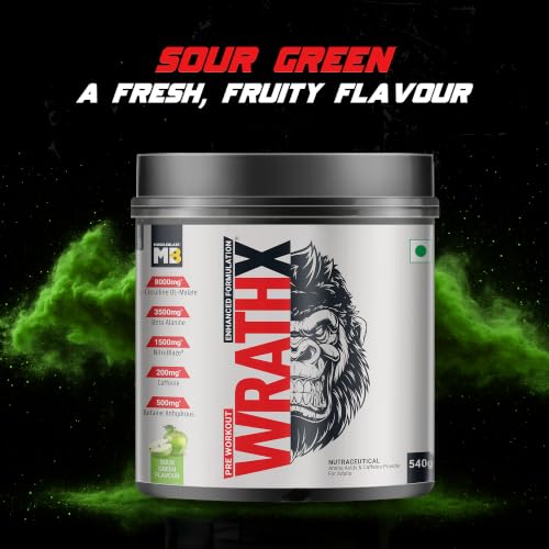 Image of MuscleBlaze Pre Workout WrathX Powder, Sour Green, 540g | 30 Servings | Fully Loaded, Crash Free with Caffeine, Citrulline and Beta Alanine
