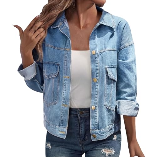 Denim Jacket for Women Oversized Long Sleeve&Short Sleeve Button Down Jean Shackets Cropped Lightweight Plus Size Lapel Coats2
