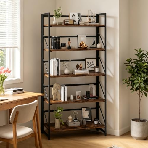 Image of JSB 5 Tier No Assembly Folding Bookshelf, 30.7 inch Wide Foldable Storage Bookcase for Home Office, Space-Saving Storage Shelf for Living Room