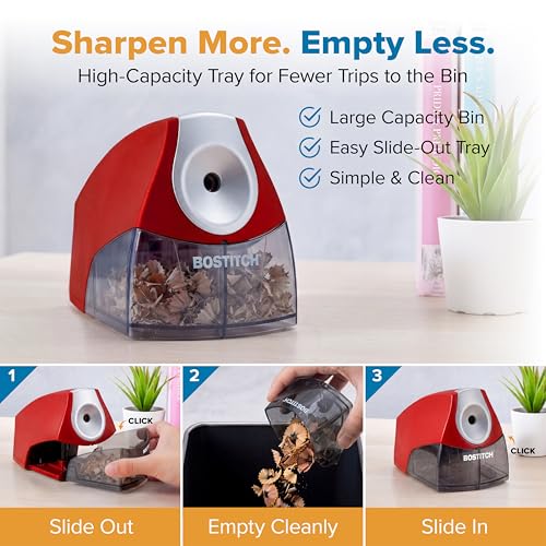 Image of Bostitch Office Electric Pencil Sharpener for Classroom & Desk Use, Heavy-Duty Stall-Free Motor, High-Capacity Shavings Tray, Red