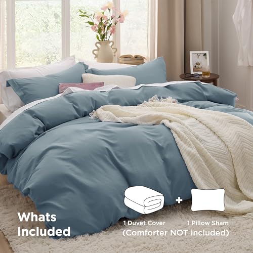 Image of Bedsure Mineral Blue Duvet Cover Twin /Twin XL Size - 2 Pieces Prewashed Cotton-Like Polyester Extra Soft Bedding Set, Includes 1 Duvet Cover 68''x90''with Zipper Closure & 1 Pillow Sham, No Comforter