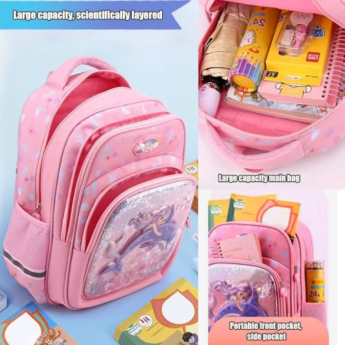 Kids Backpack Set with Lunch Box And Pencil Case Anti-Theft Combination Lock Toddler Backpack Mermaid 3D Printed Girls Backpack Kids Backpack15x 12x 7inches (Pink)4