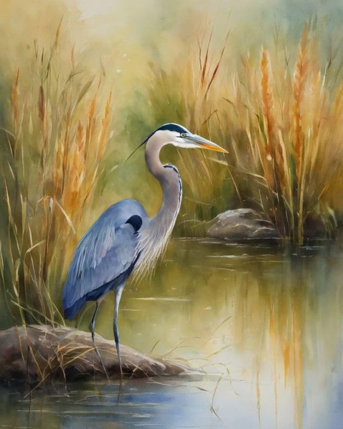 Oil Painting DIY Paint by Numbers for Beginner Great Blue Heron,Reeds Painting by Number Kits Oil Paint Drawing Canvas Home Decor,40x50cm,Without Frame