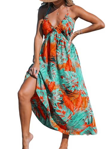 CUPSHE Damen Sommerkleid V Ausschnitt Neckholder Ärmellos Volants Lang Freizeitkleider Backless Smocked Maxi Beach Dress Tropisches Grün XL