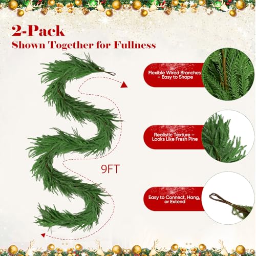2PCS 9FT Christmas Norfolk Pine Garland, Real Touch Greenery Garland - image 3