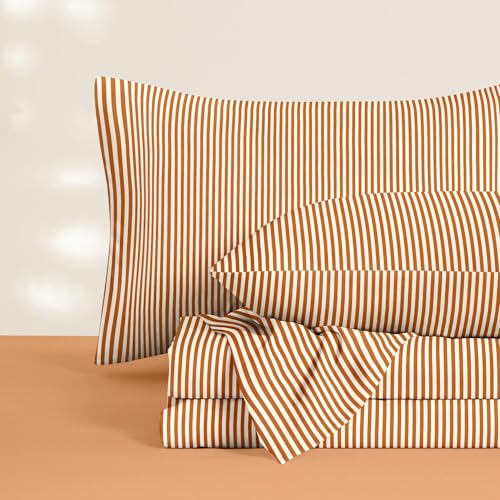 Image of Wake In Cloud - Striped Bed Sheets, 4-Piece Sheet Set, Ticking Vertical Pin Stripe Modern Farmhouse Pattern Printed Bedding, Deep Pocket, Burnt Orange, Full Size