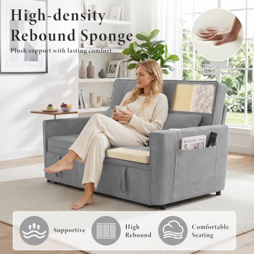 Image of Dreamzie 54'' Convertible Sleeper Sofa Bed with Swivel Side Table, Chenille Pull Out Couch for Living Room, Loveseat Sleeper Couch with Side Pocket | Charging Port | Cup Holder, Light Grey