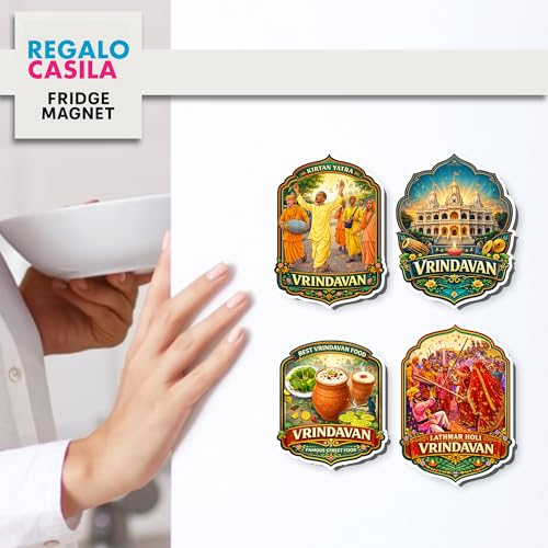 Image of Regalo Casila Vrindavan Souvenir Fridge Magnet Set of 4 Pcs Kirtan Yatra Lathmar Holi Vrindavan Temple Street Food Refrigerator Magnets Travel Souvenir Gift Kitchen Fridge Decor