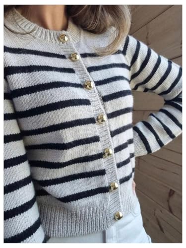 Verdusa Women's Striped Button Down Cardigan Long Sleeve Crew Neck Lightweight Sweaters3