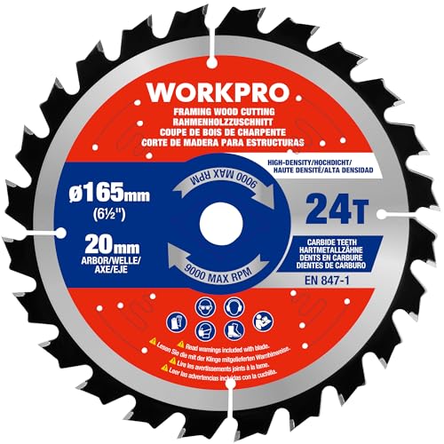 WORKPRO Circular Saw Blade 165 mm x 20 mm x 24T TCT Wood Cutting Blade for Circular Saw Thin Kerf Fast Rip Blade for Softwood Timber & Plywood