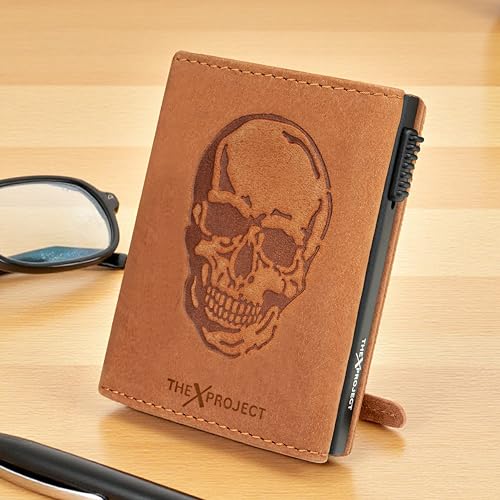 Image of The X Project Genuine Leather Wallet for Men | RFID Blocking Slim Bifold Wallet | Quick Card Eject Mechanism | Coin Pocket & ID Window | Premium Gift Box | Bold Skull Design (Tan)