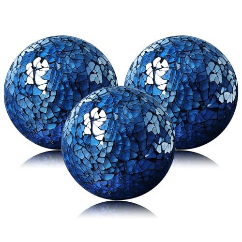 Yazikisa Lot de 3 boules décoratives bleues en verre craquelé - Boules de verre craquelé - Boules de vase - Pour les vacances, le salon, la cheminée, le...